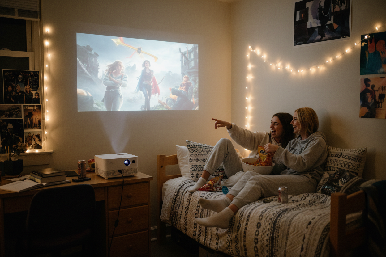 Dorm room movie night with portable mini projector