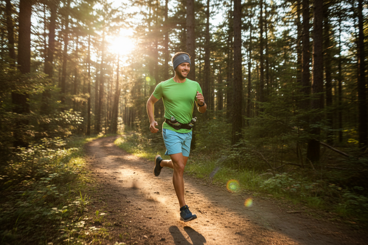Person running outdoors wearing Bluetooth headband for workout