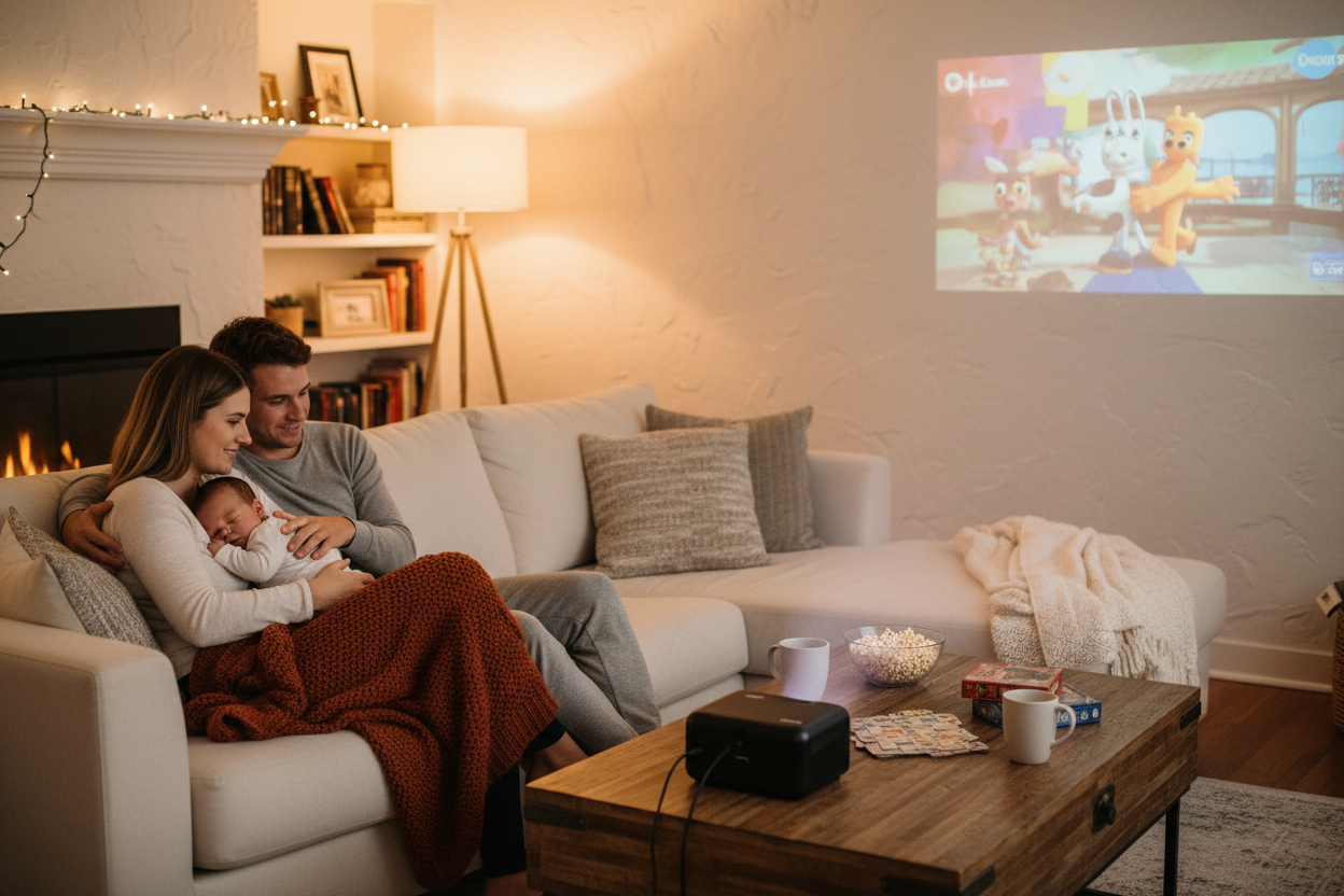 Young family with baby watching movie with portable projector