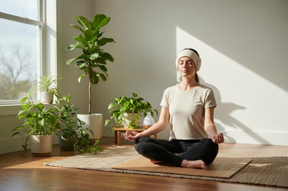 Woman meditating wearing Bluetooth sleep headband
