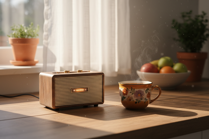 Retro Bluetooth speaker on kitchen counter with morning coffee