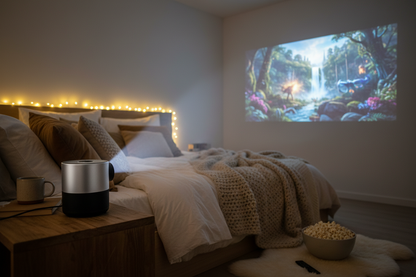 Cozy bedroom movie night with portable mini projector
