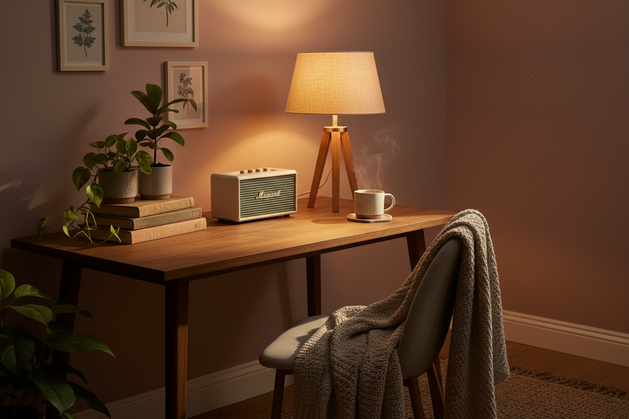 Retro Bluetooth speaker on cozy bedroom desk with lamp and plants