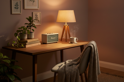 Retro Bluetooth speaker on cozy bedroom desk with lamp and plants