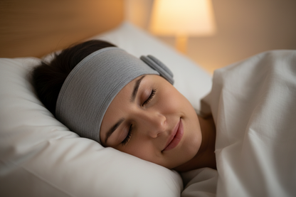 Side sleeper wearing Bluetooth sleep headband comfortably on pillow