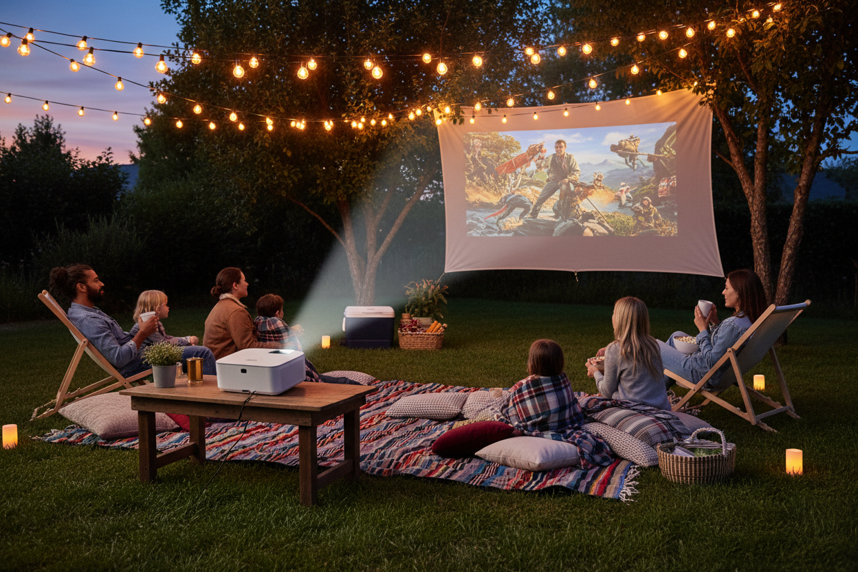 Backyard outdoor movie night with portable mini projector