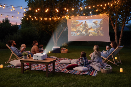 Backyard outdoor movie night with portable mini projector