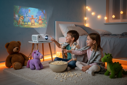 Kids watching movie night with portable mini projector