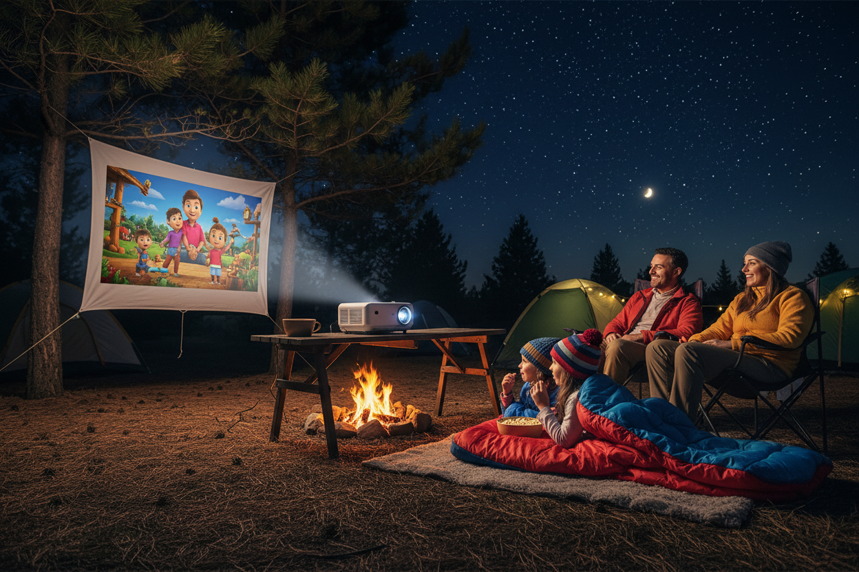 Family camping outdoor movie night with portable mini projector
